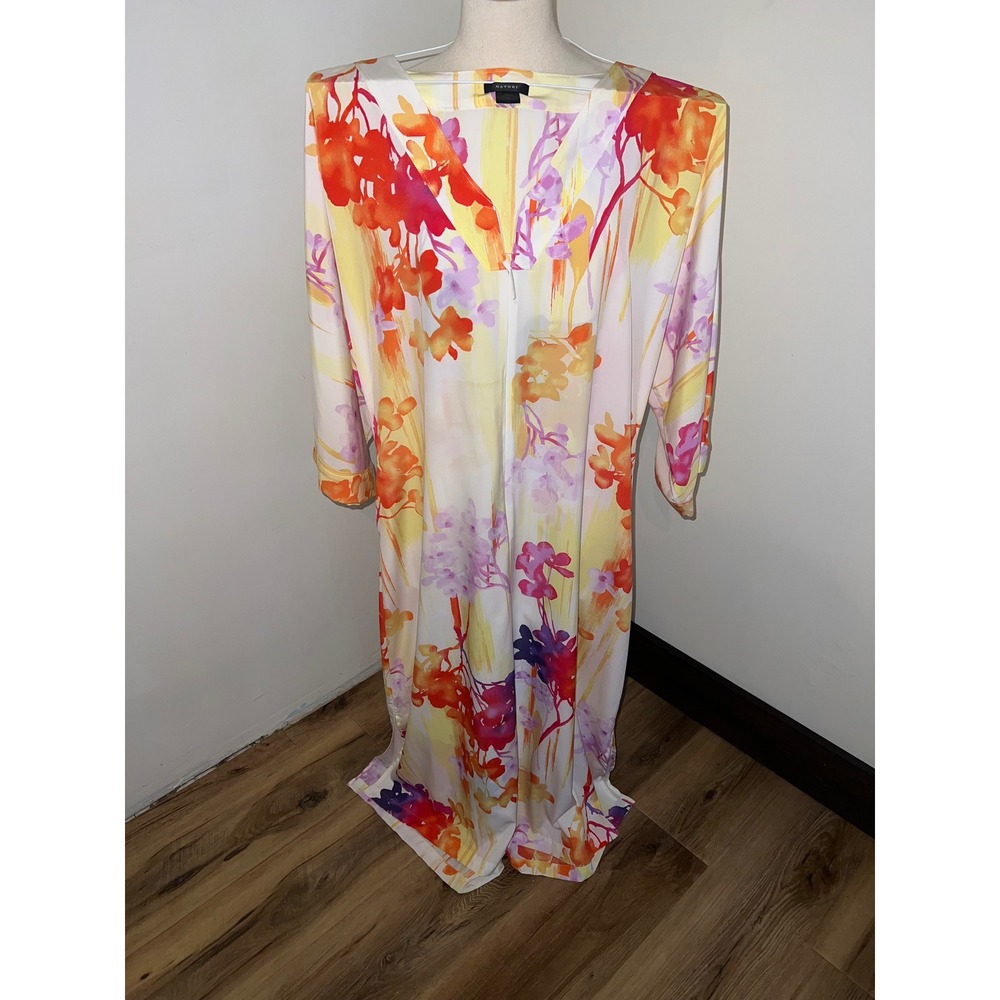 Natori Floral Kaftan Loungewear Gown Watercolor Print V-Neck Orange Purple Sz M
